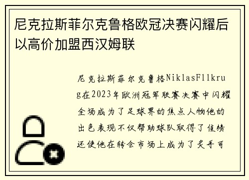 尼克拉斯菲尔克鲁格欧冠决赛闪耀后以高价加盟西汉姆联 尼克拉斯菲尔克鲁格欧冠决赛闪耀后以高价加盟西汉姆联